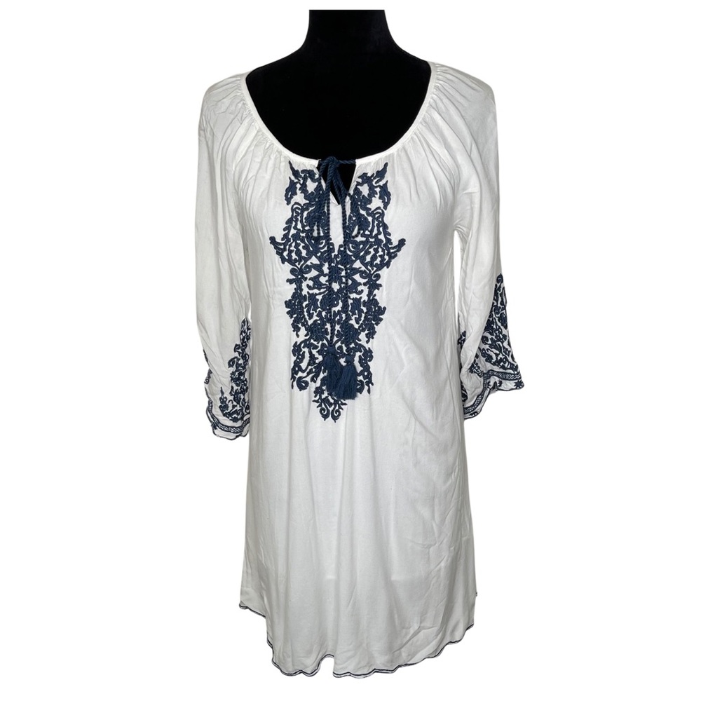 White Cc Peasant Embroidered Blue Casual Dress